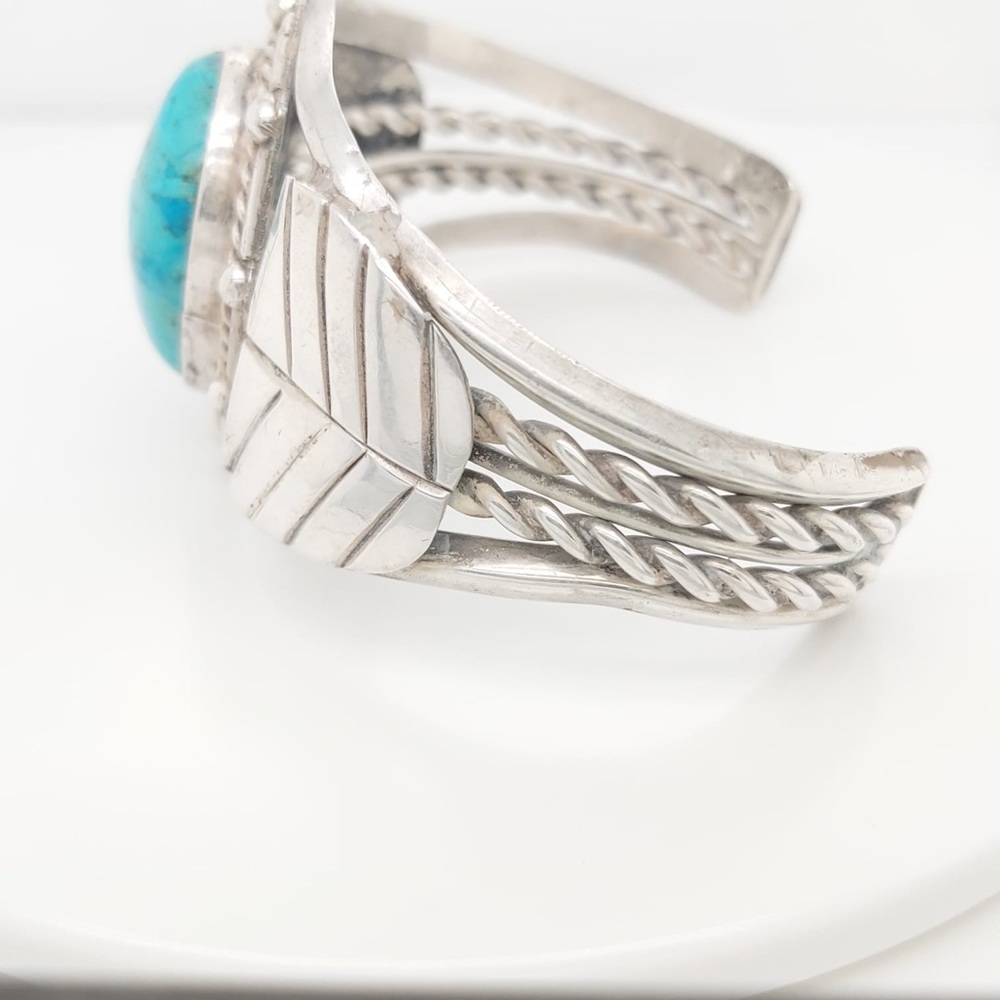 Vintage Sterling Silver Wide  Bangle Bracelet With Turquoise Stone - Picture 7 of 9